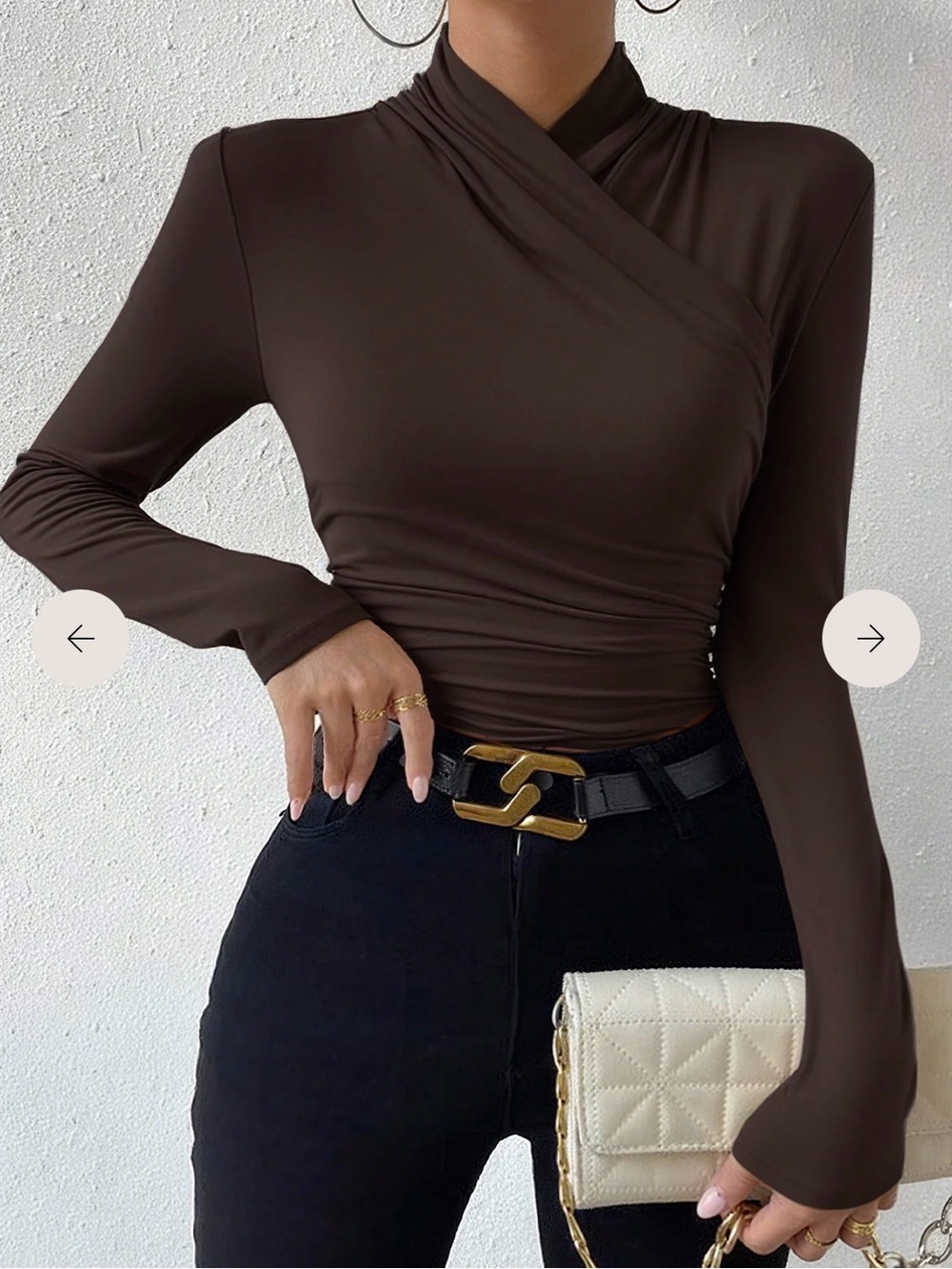 Brown Wrap-Style Long Sleeve Top - Women